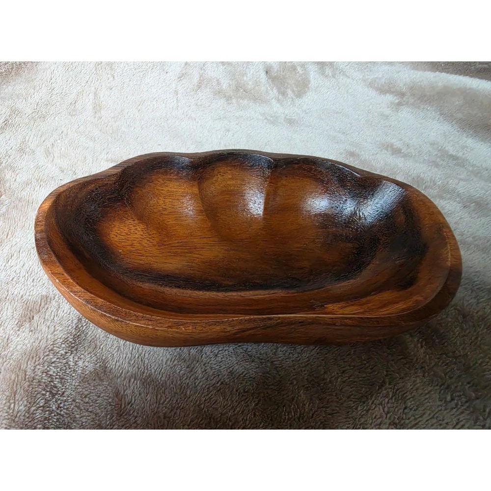 Vintage Hand Carved Monkey Pod Wood Scalloped Paw Trinket Dish Bowl Brown 7.5in